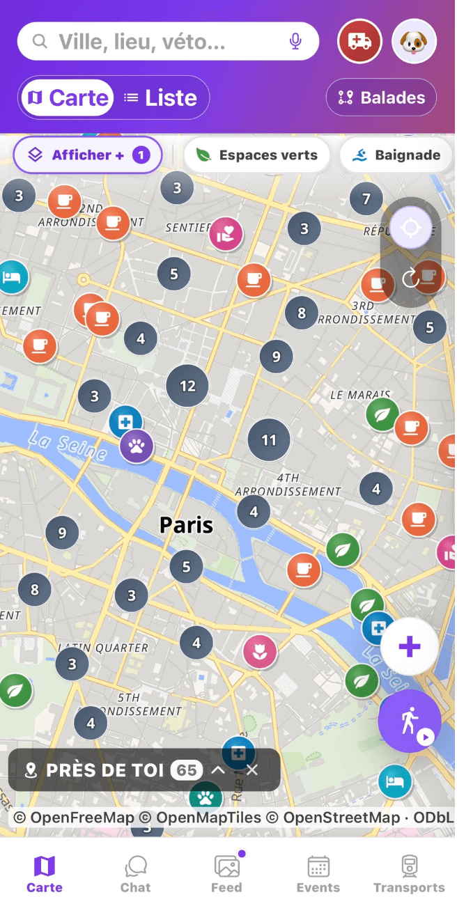 Carte FriendzyPet de Paris avec les lieux adaptés aux animaux : parcs, cafés, vétérinaires