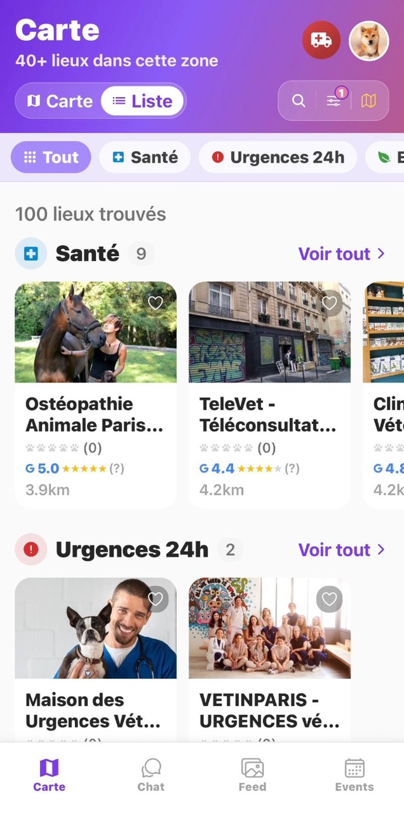 Liste des lieux Santé et Urgences véto