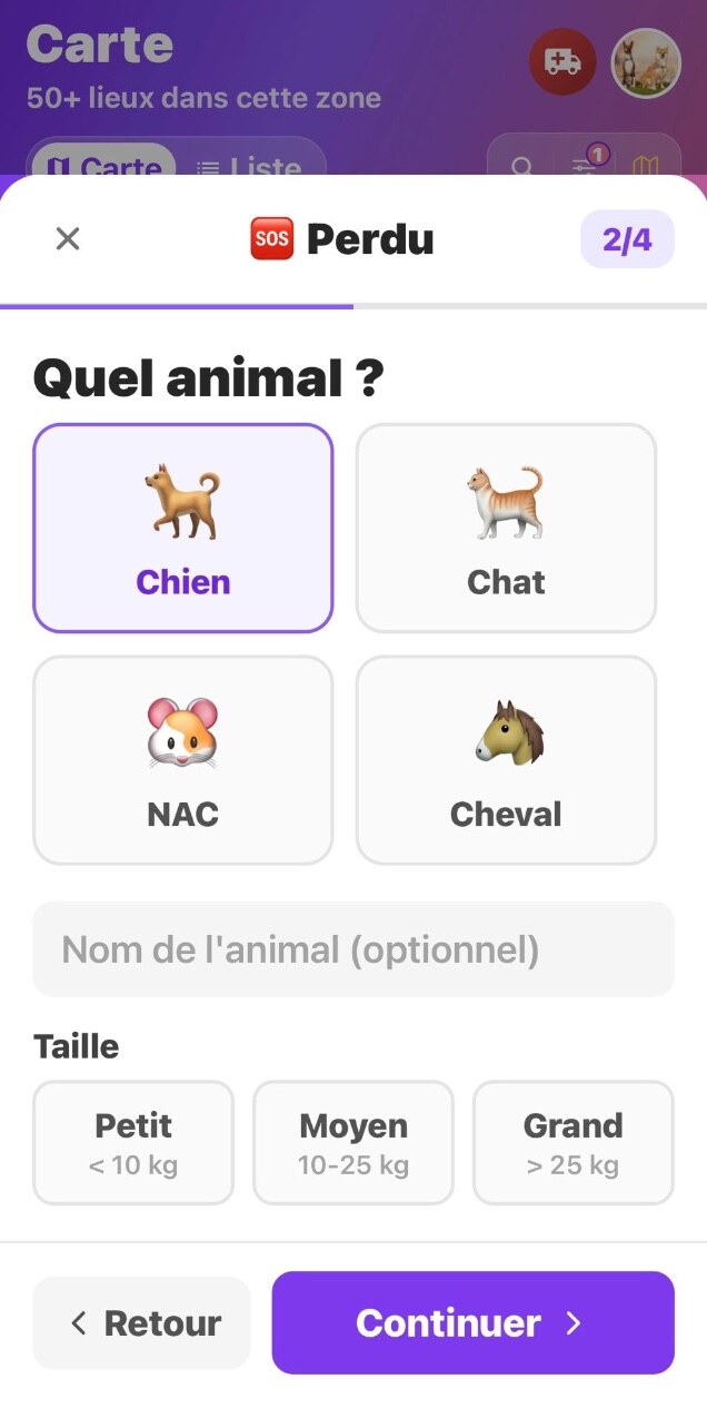 Choix de l'animal et de la taille